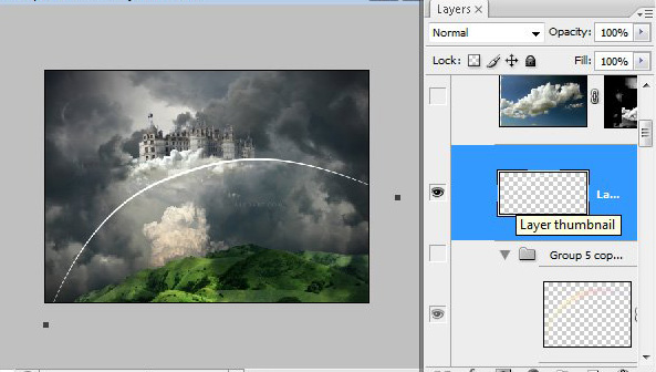 Castle in the Sky, castle in the clouds, dreamy landscape, mysterious, illustration, fantastic, rainbow effect in photoshop